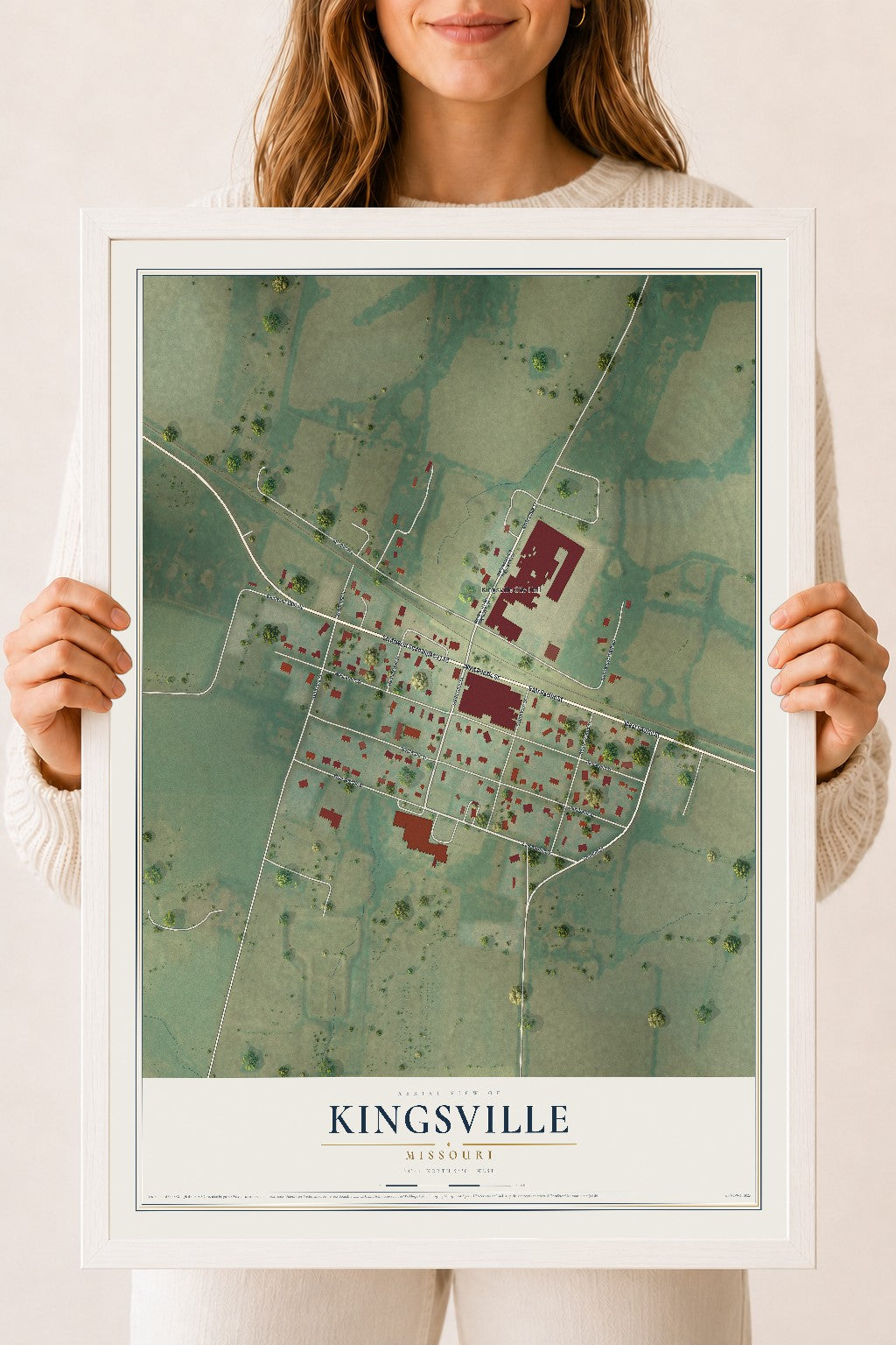 Map of Kingsville, Missouri, 18 x 24 inch print in a white wood frame
