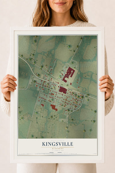 Map of Kingsville, Missouri, 18 x 24 inch print in a white wood frame