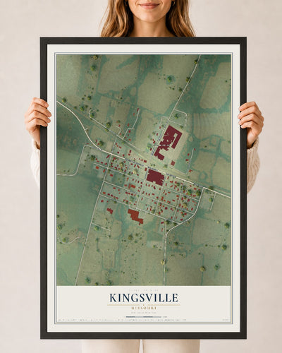 Map of Kingsville, Missouri, 24 x 36 inch print in a black wood frame