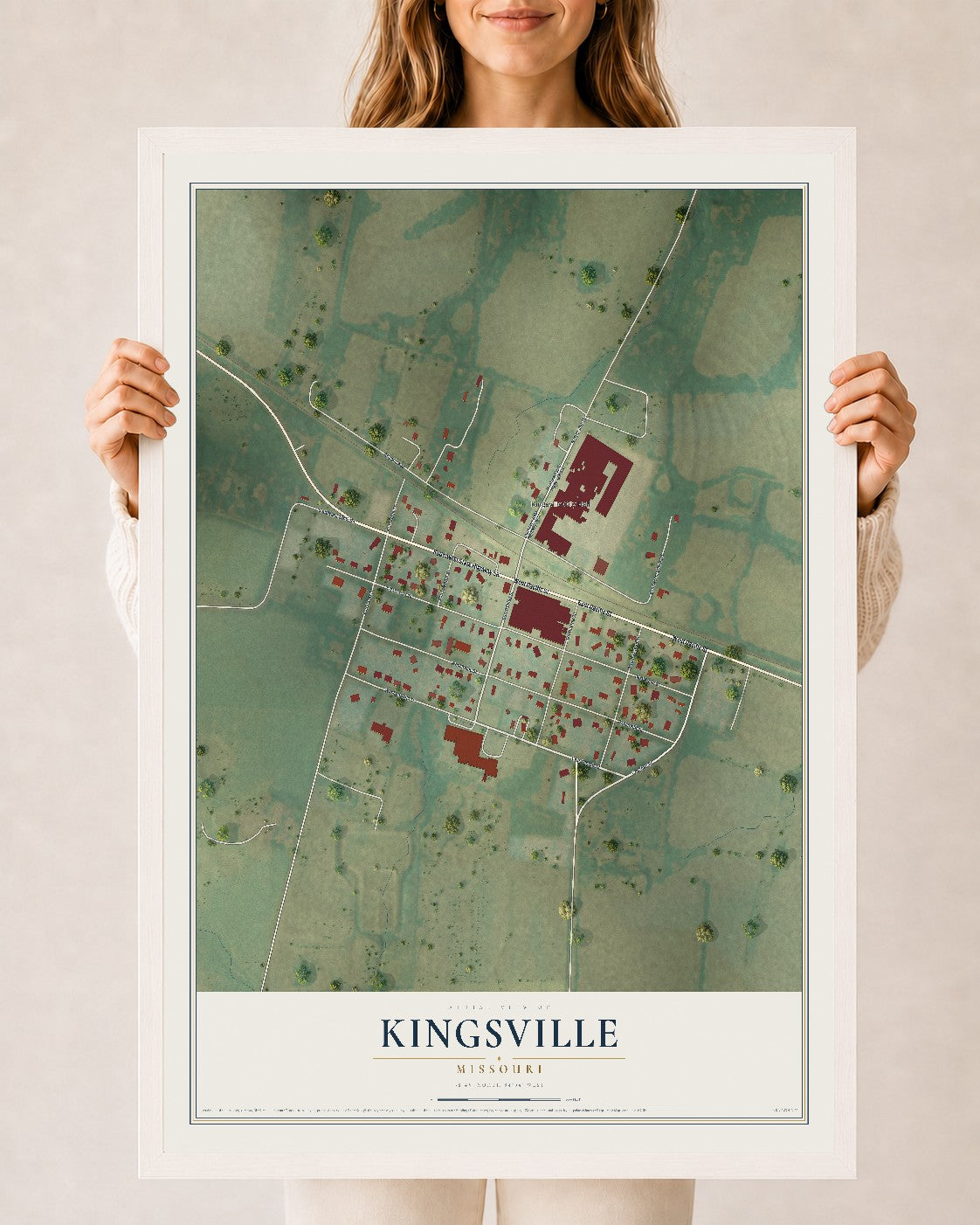 Map of Kingsville, Missouri, 24 x 36 inch print in a white wood frame