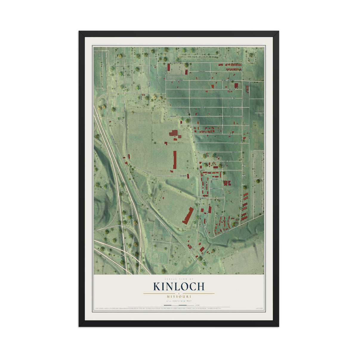 Map of Kinloch, Missouri, 12 x 18 inch print in a black wood frame
