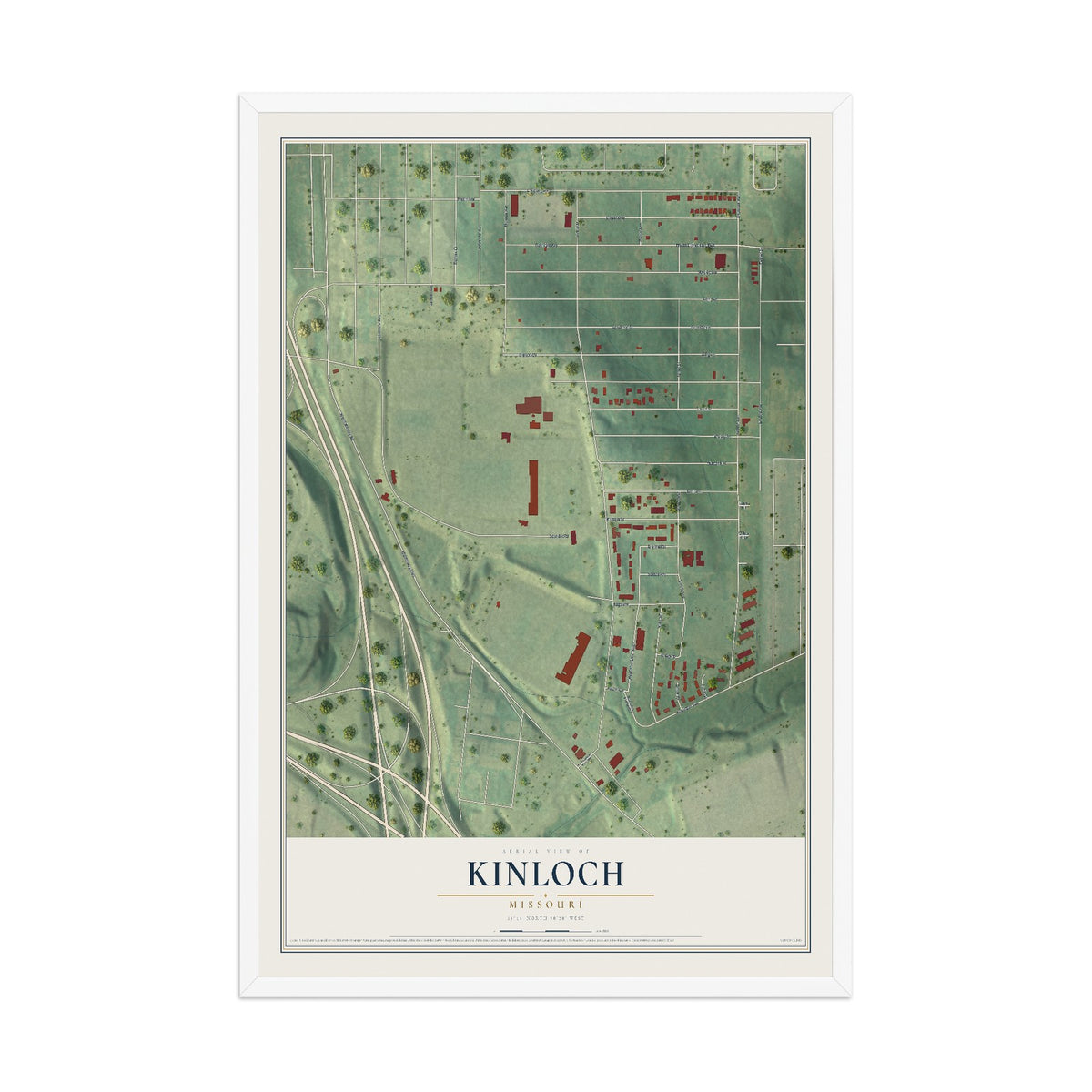 Map of Kinloch, Missouri, 12 x 18 inch print in a white wood frame