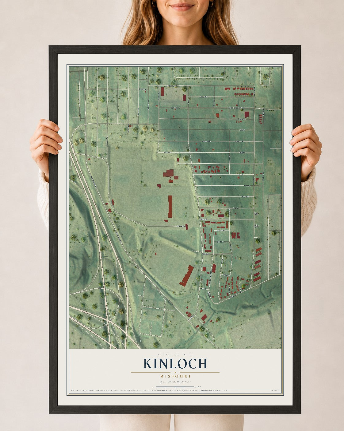 Map of Kinloch, Missouri, 24 x 36 inch print in a black wood frame