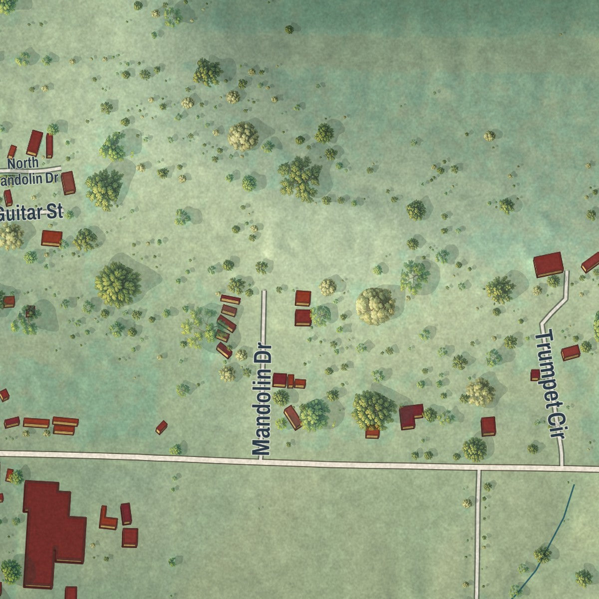 Close-up of the map of Kirbyville, Missouri print showing street and building detail