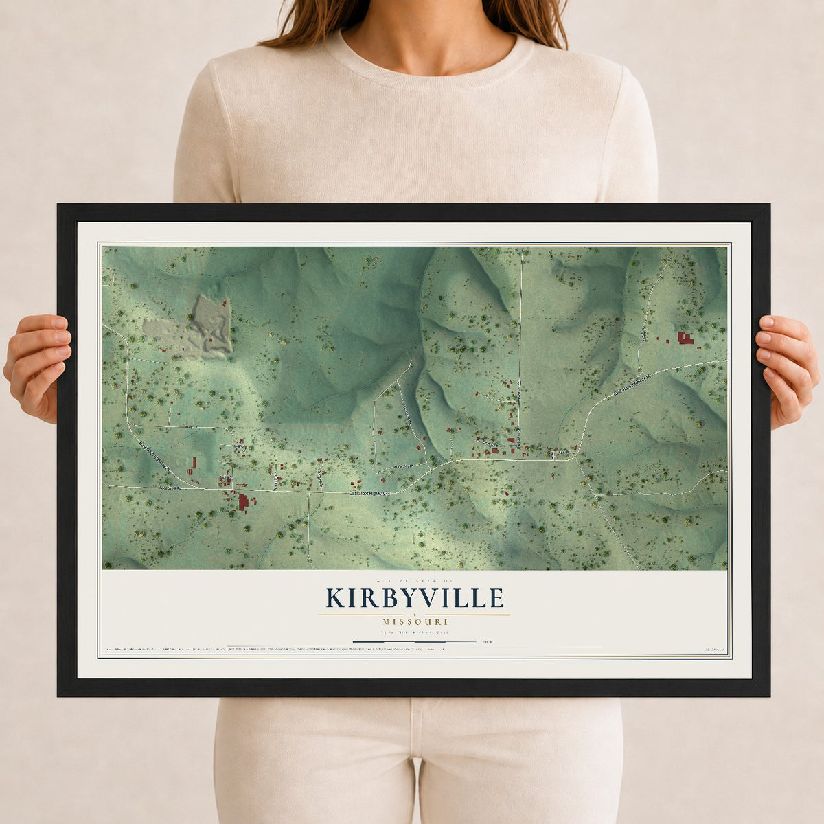 Map of Kirbyville, Missouri, 12 x 18 inch print in a black wood frame