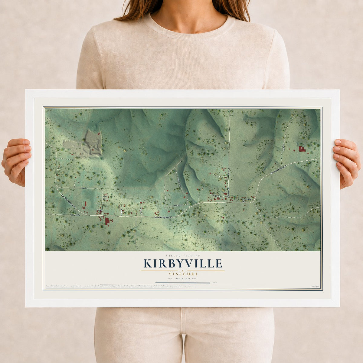 Map of Kirbyville, Missouri, 12 x 18 inch print in a white wood frame