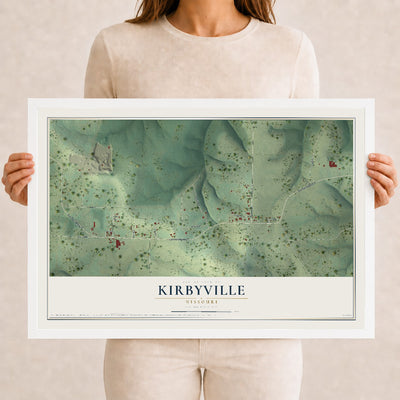 Map of Kirbyville, Missouri, 12 x 18 inch print in a white wood frame