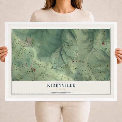 Map of Kirbyville, Missouri, 18 x 24 inch print in a white wood frame