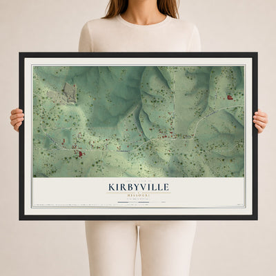 Map of Kirbyville, Missouri, 24 x 36 inch print in a black wood frame