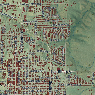 Close-up of the map of Kirksville, Missouri print showing street and building detail