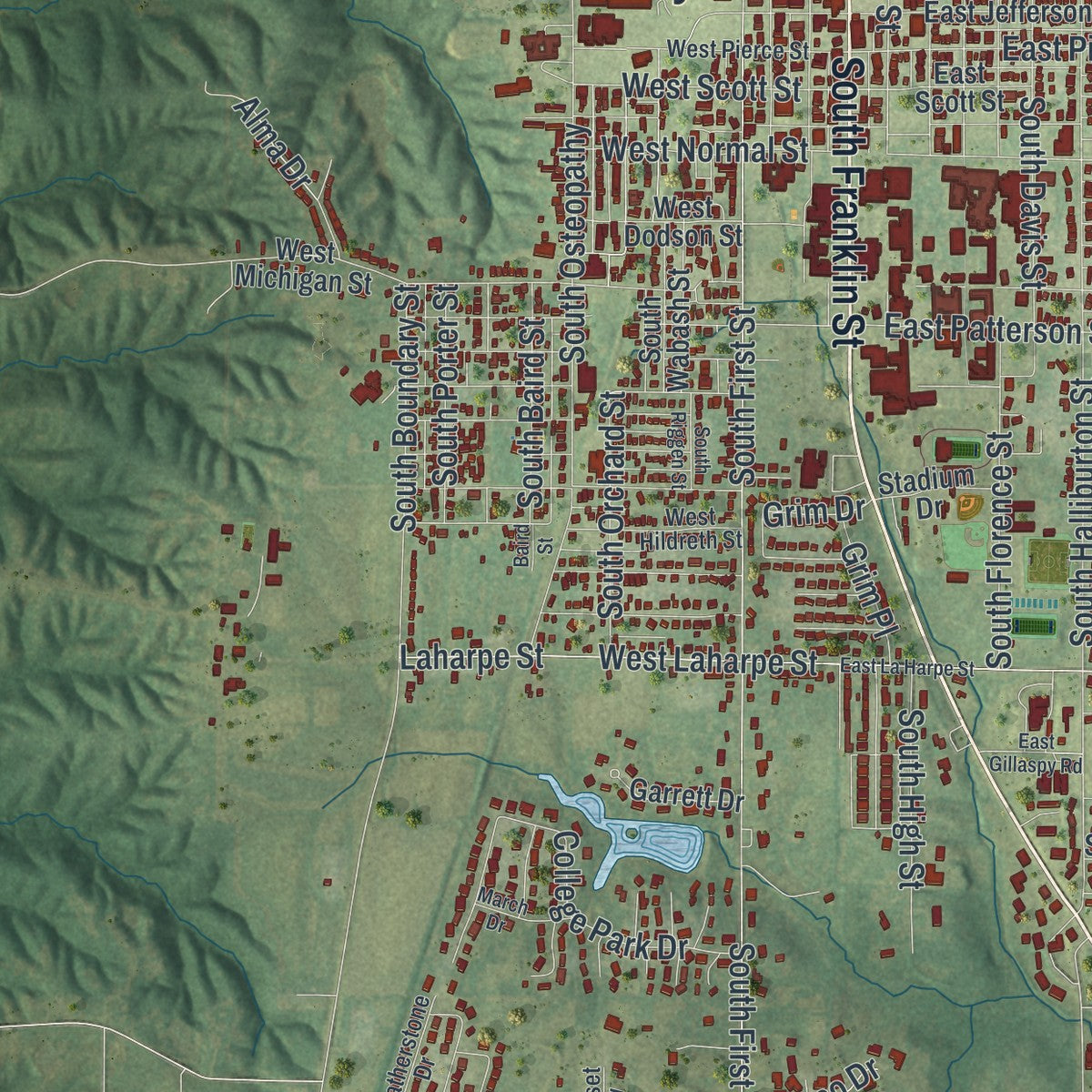 Second close-up of the map of Kirksville, Missouri print showing more streets and buildings