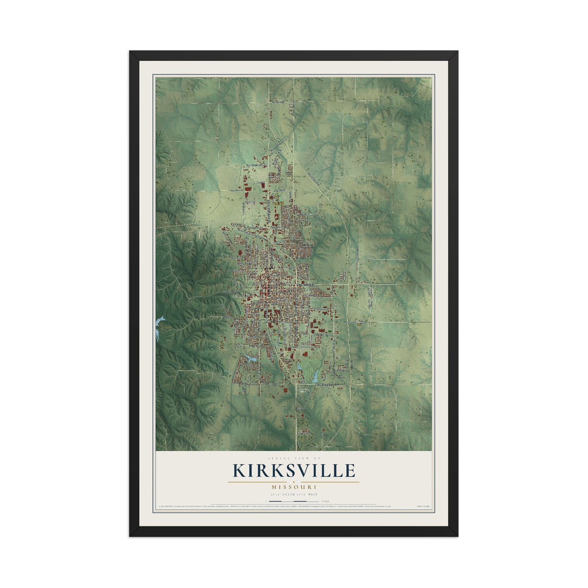 Map of Kirksville, Missouri, 12 x 18 inch print in a black wood frame