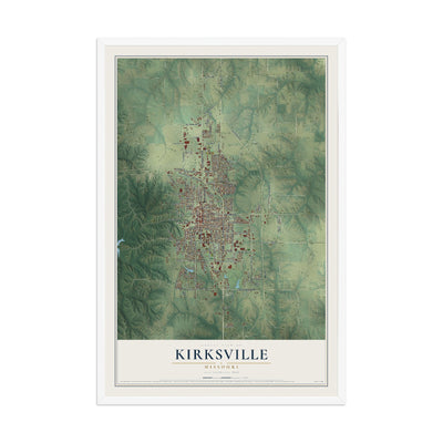 Map of Kirksville, Missouri, 12 x 18 inch print in a white wood frame