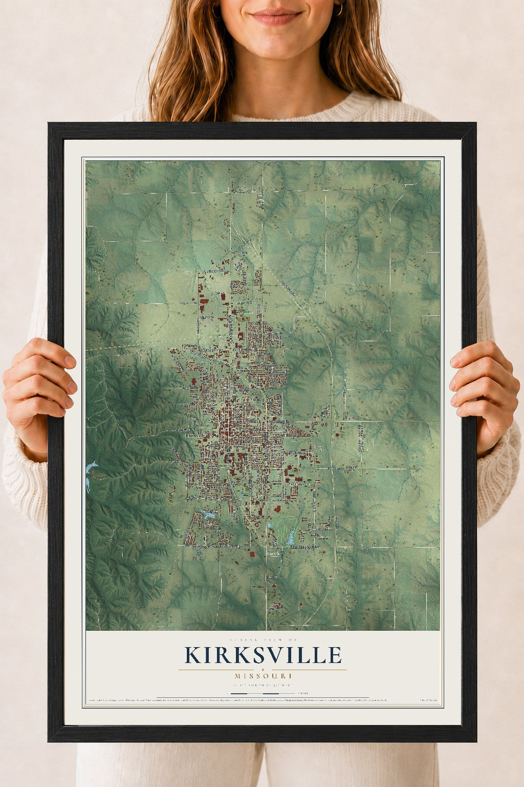 Map of Kirksville, Missouri, 18 x 24 inch print in a black wood frame