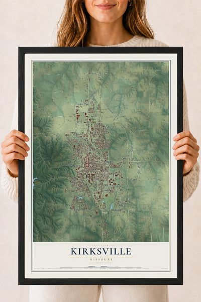 Map of Kirksville, Missouri, 18 x 24 inch print in a black wood frame