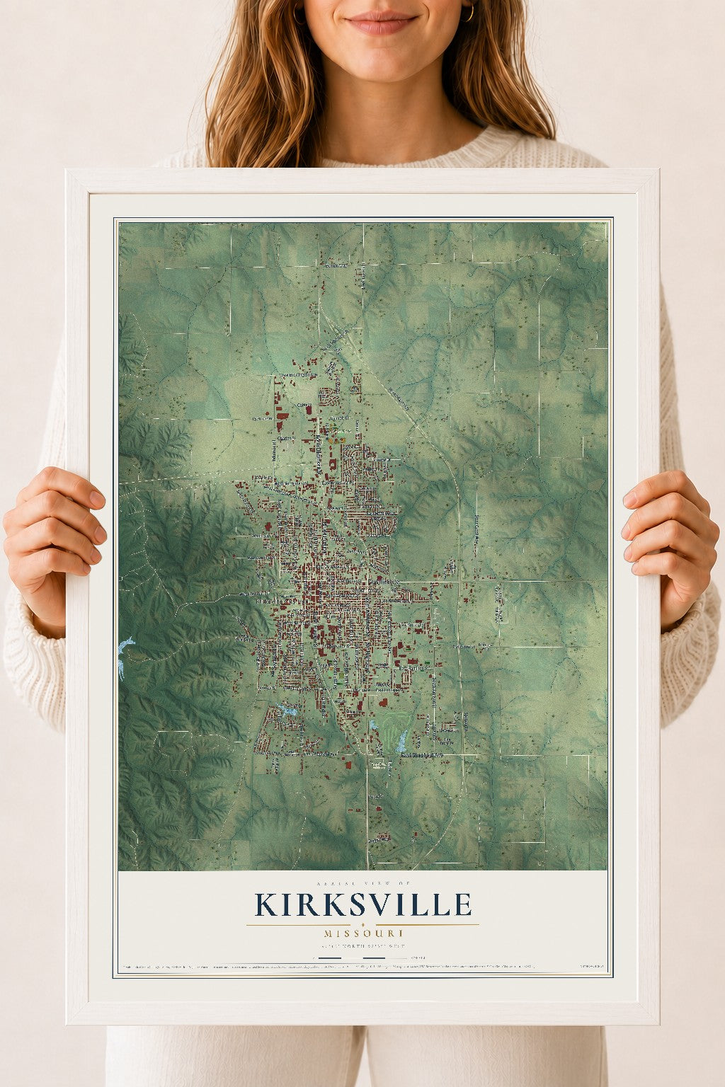 Map of Kirksville, Missouri, 18 x 24 inch print in a white wood frame