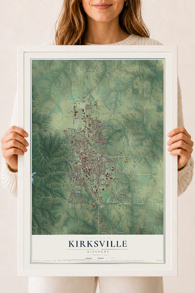 Map of Kirksville, Missouri, 18 x 24 inch print in a white wood frame