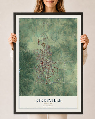 Map of Kirksville, Missouri, 24 x 36 inch print in a black wood frame