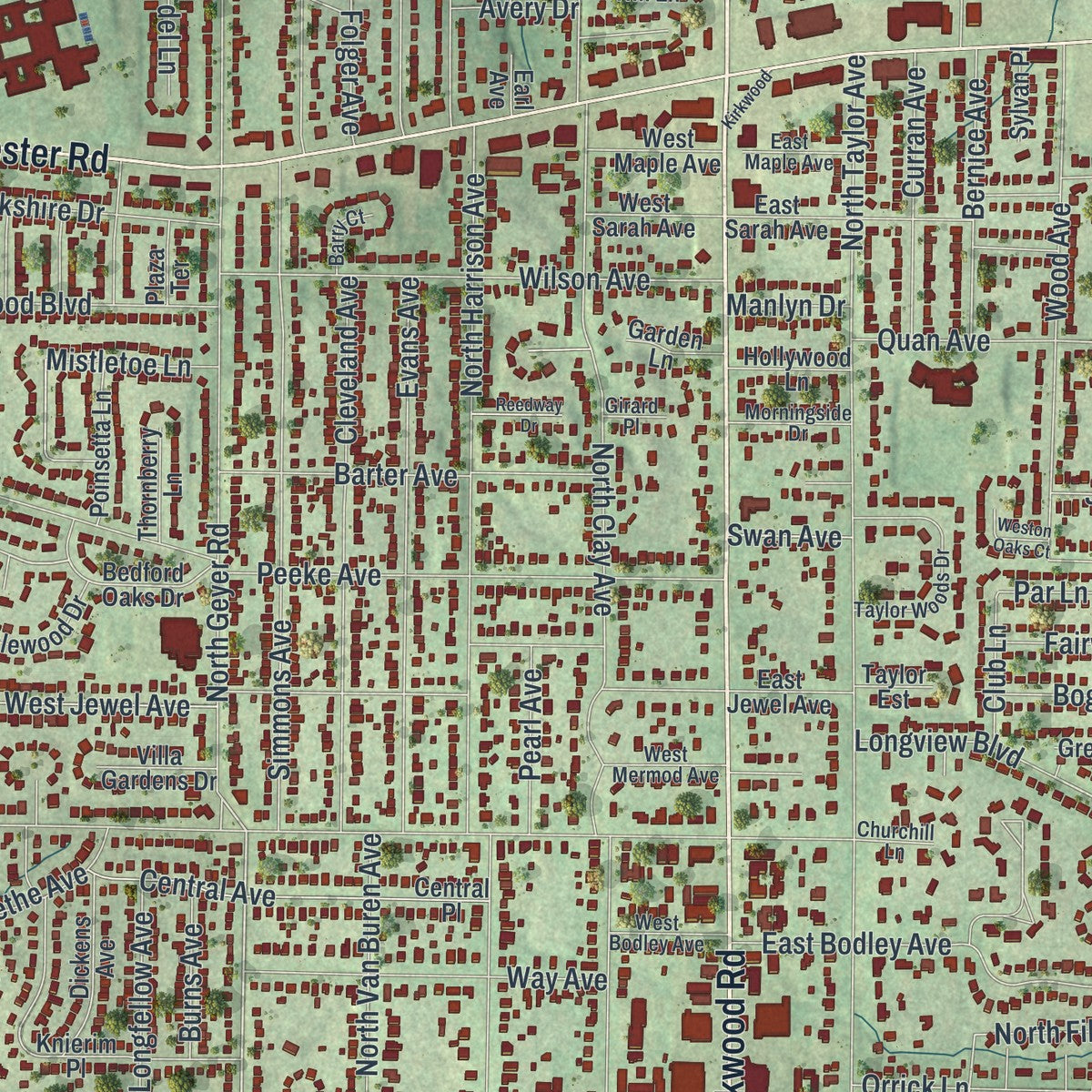 Close-up of the map of Kirkwood, Missouri print showing street and building detail