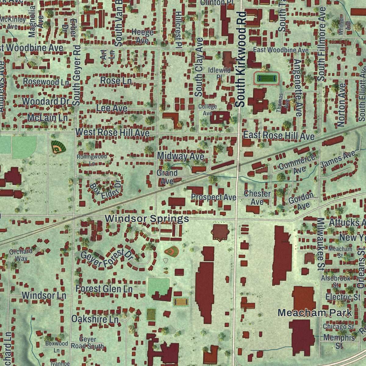 Second close-up of the map of Kirkwood, Missouri print showing more streets and buildings