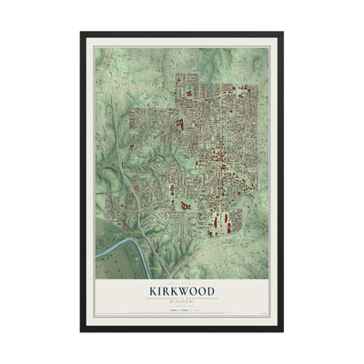 Map of Kirkwood, Missouri, 12 x 18 inch print in a black wood frame
