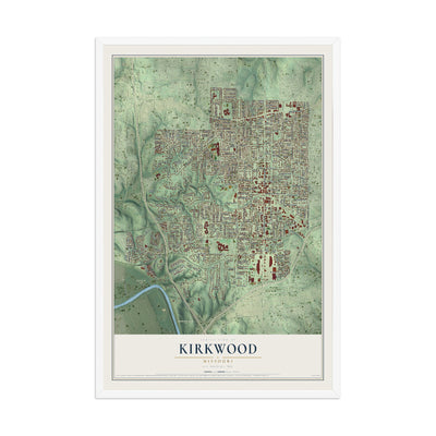 Map of Kirkwood, Missouri, 12 x 18 inch print in a white wood frame