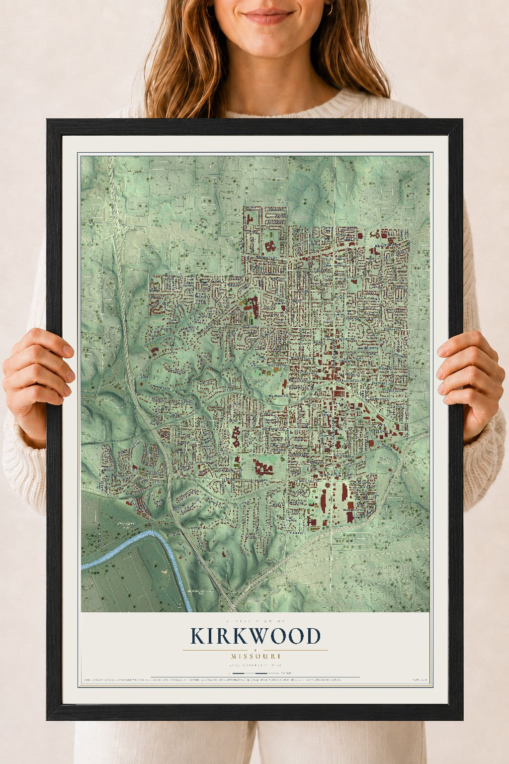 Map of Kirkwood, Missouri, 18 x 24 inch print in a black wood frame