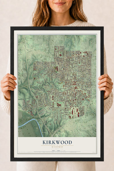 Map of Kirkwood, Missouri, 18 x 24 inch print in a black wood frame