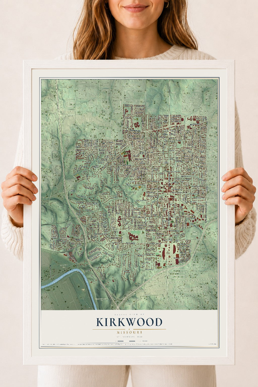 Map of Kirkwood, Missouri, 18 x 24 inch print in a white wood frame
