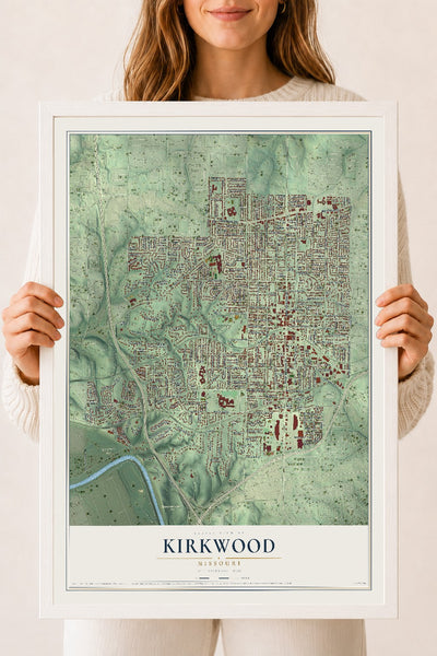 Map of Kirkwood, Missouri, 18 x 24 inch print in a white wood frame