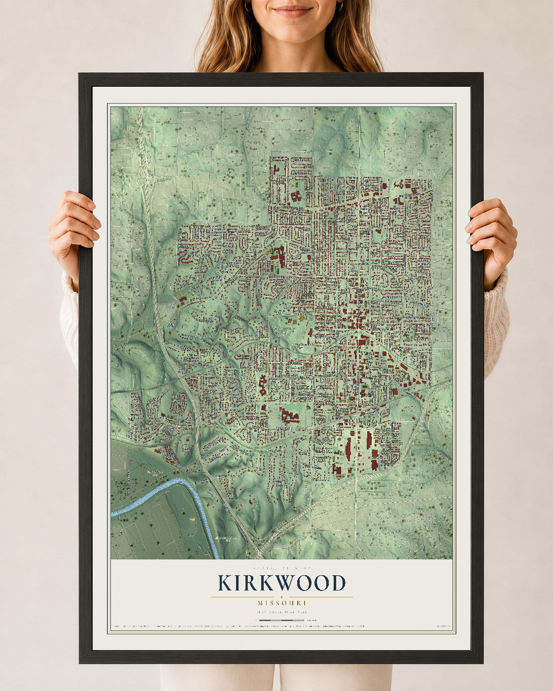 Map of Kirkwood, Missouri, 24 x 36 inch print in a black wood frame