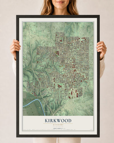 Map of Kirkwood, Missouri, 24 x 36 inch print in a black wood frame