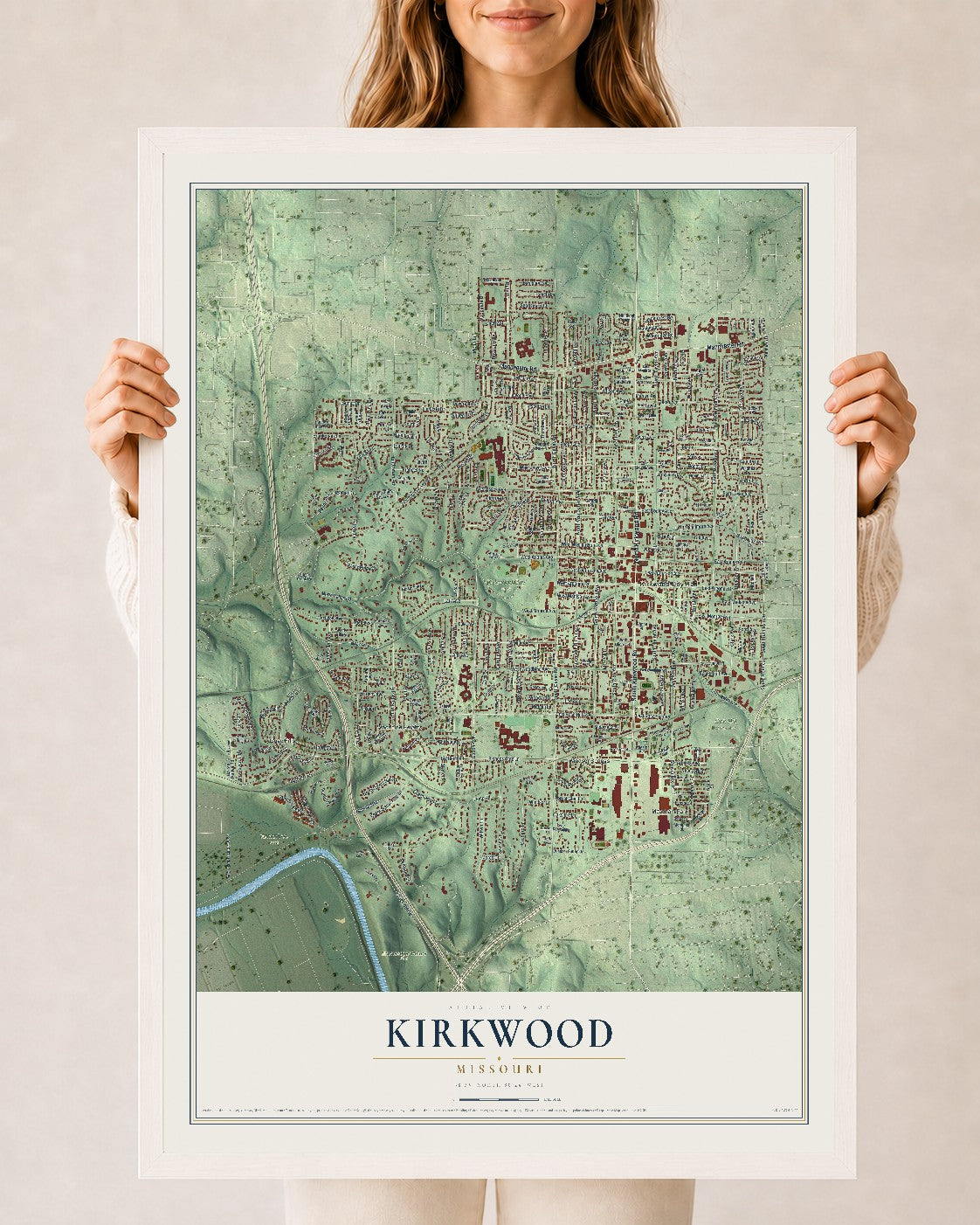 Map of Kirkwood, Missouri, 24 x 36 inch print in a white wood frame