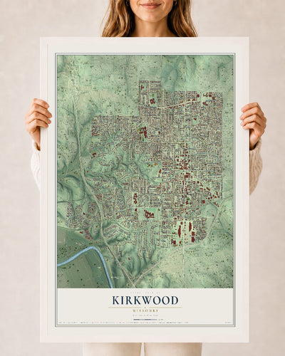 Map of Kirkwood, Missouri, 24 x 36 inch print in a white wood frame