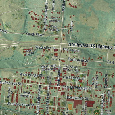 Close-up of the map of Knob Noster, Missouri print showing street and building detail
