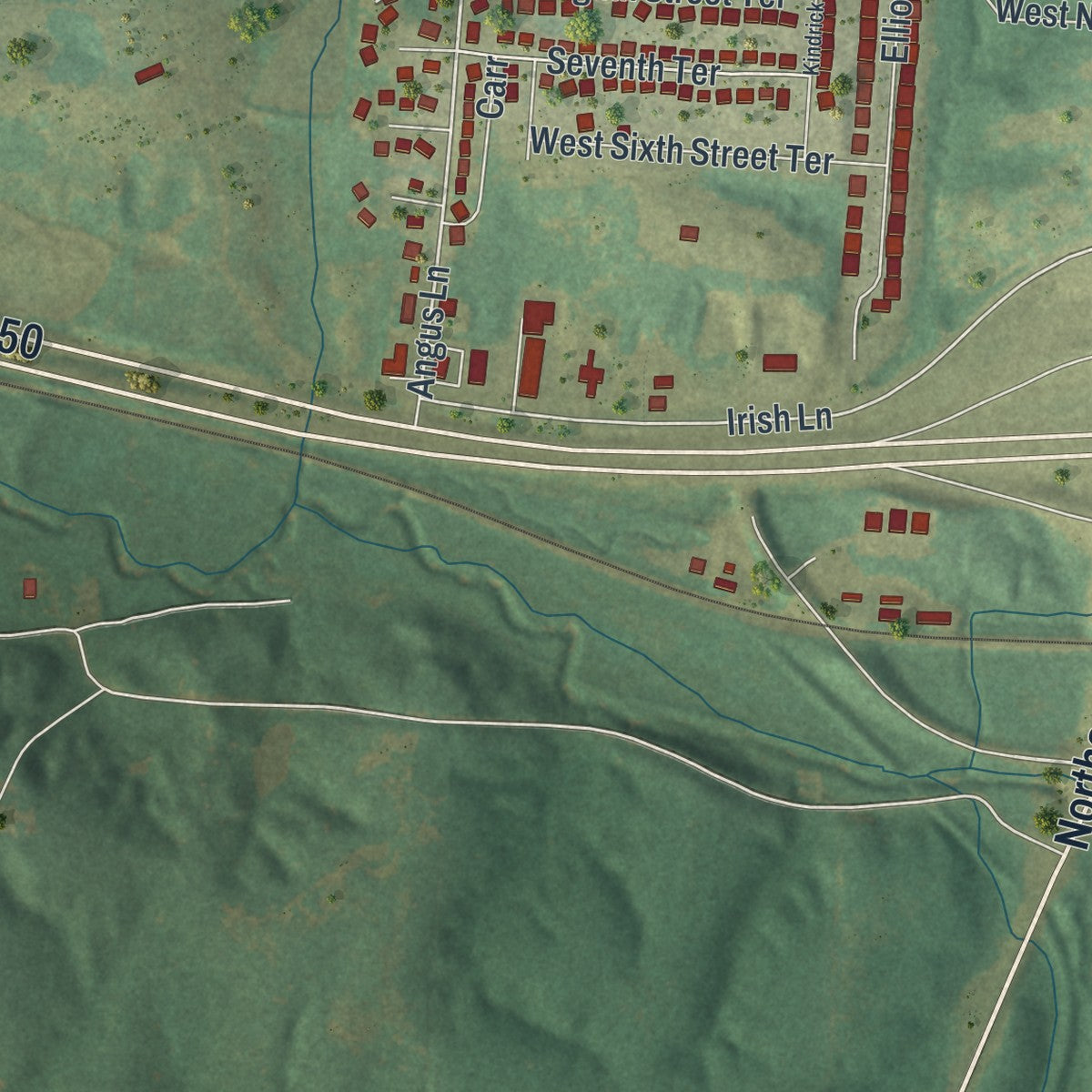 Second close-up of the map of Knob Noster, Missouri print showing more streets and buildings