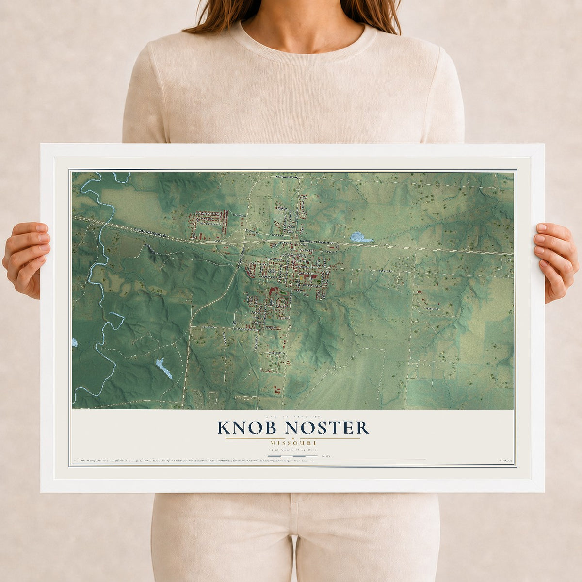 Map of Knob Noster, Missouri, 12 x 18 inch print in a white wood frame
