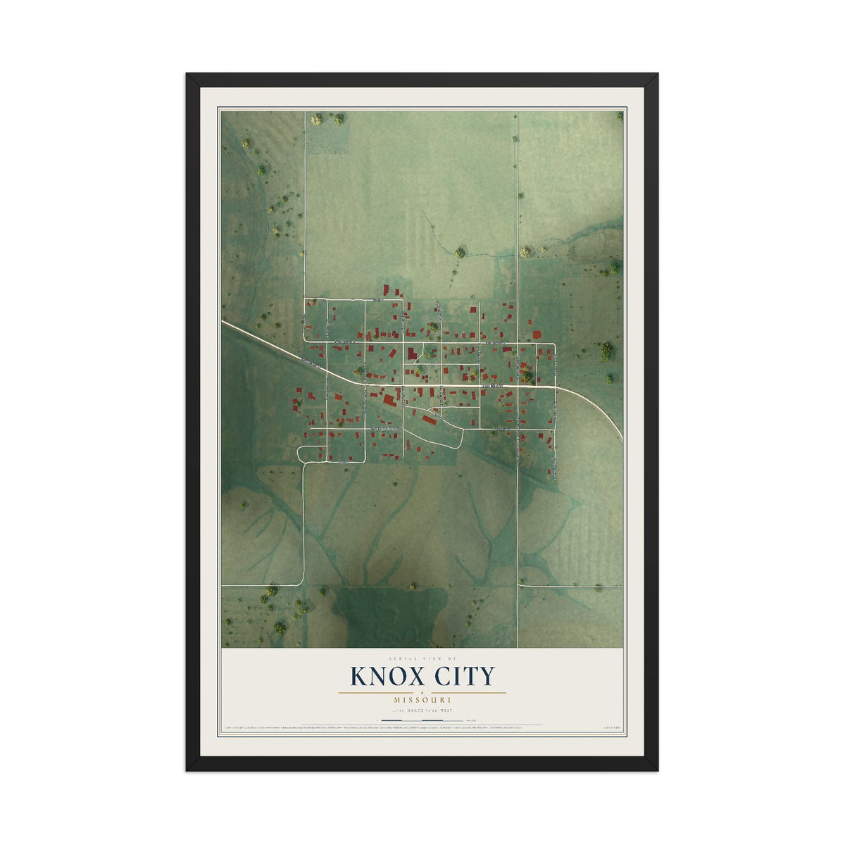 Map of Knox City, Missouri, 12 x 18 inch print in a black wood frame