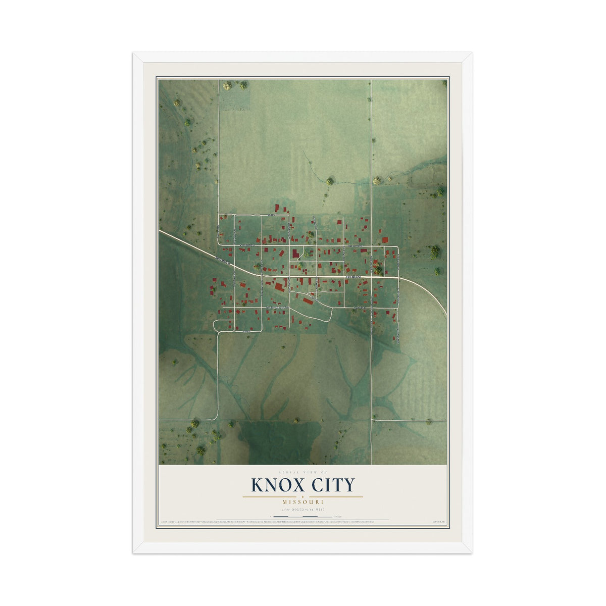 Map of Knox City, Missouri, 12 x 18 inch print in a white wood frame
