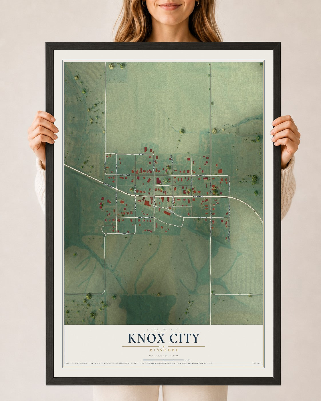 Map of Knox City, Missouri, 24 x 36 inch print in a black wood frame