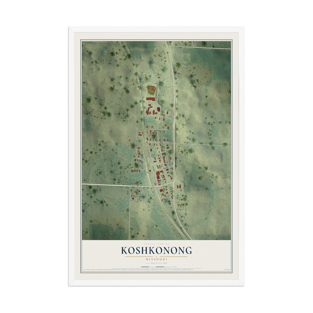 Map of Koshkonong, Missouri, 12 x 18 inch print in a white wood frame