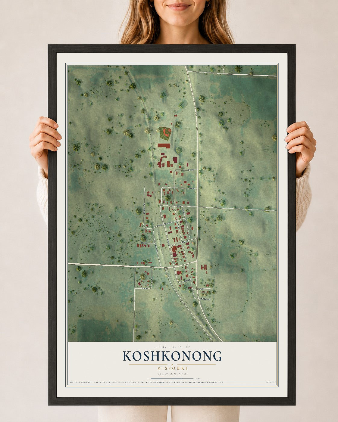 Map of Koshkonong, Missouri, 24 x 36 inch print in a black wood frame