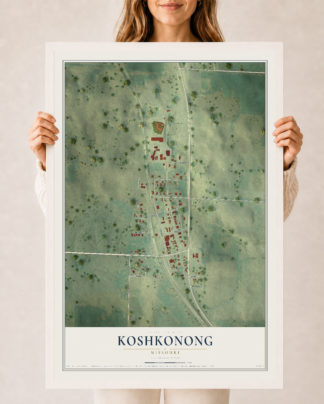 Map of Koshkonong, Missouri, 24 x 36 inch print in a white wood frame
