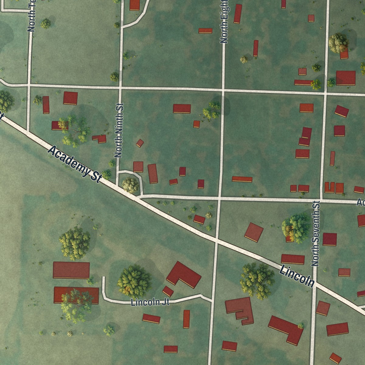 Second close-up of the map of La Belle, Missouri print showing more streets and buildings