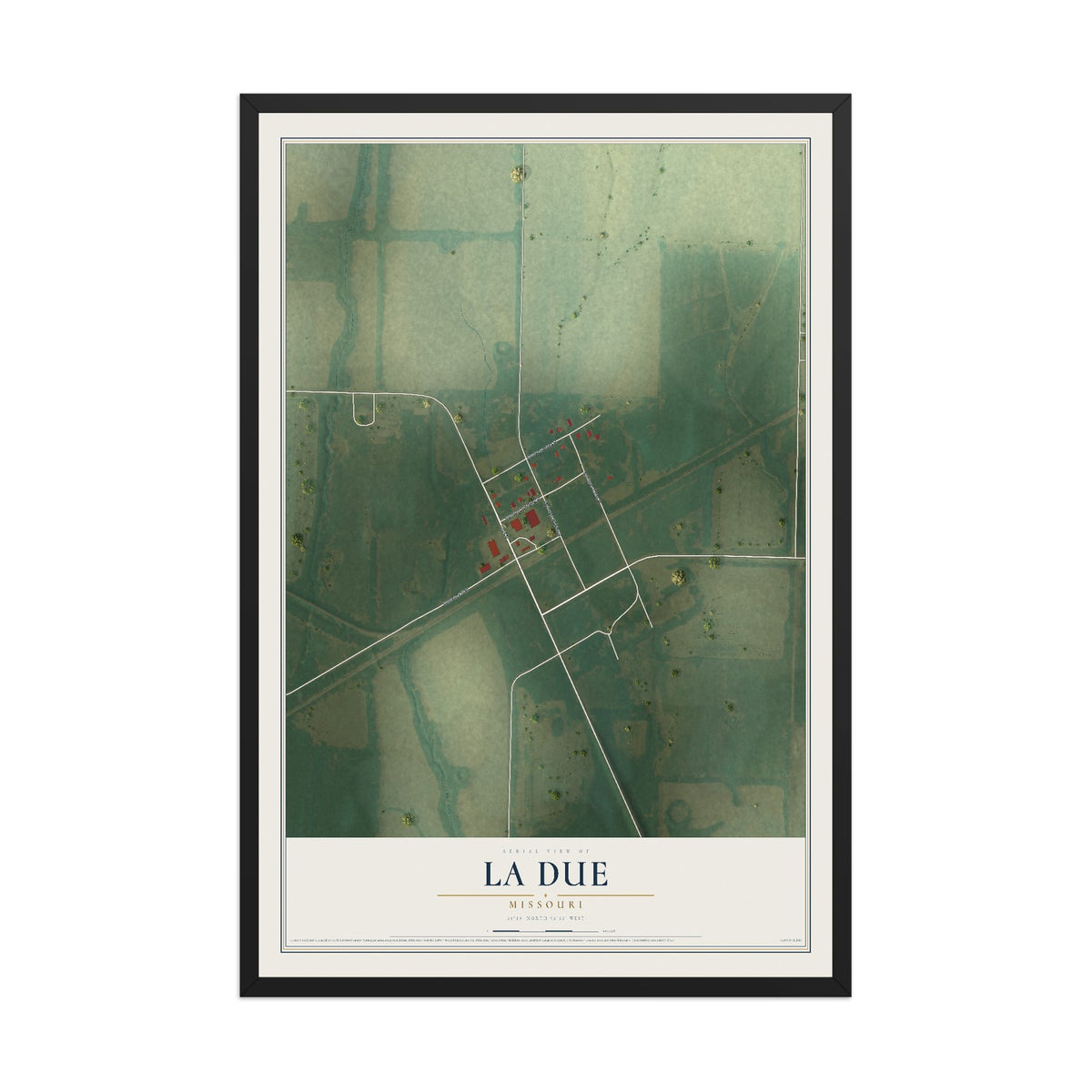 Map of La Due, Missouri, 12 x 18 inch print in a black wood frame