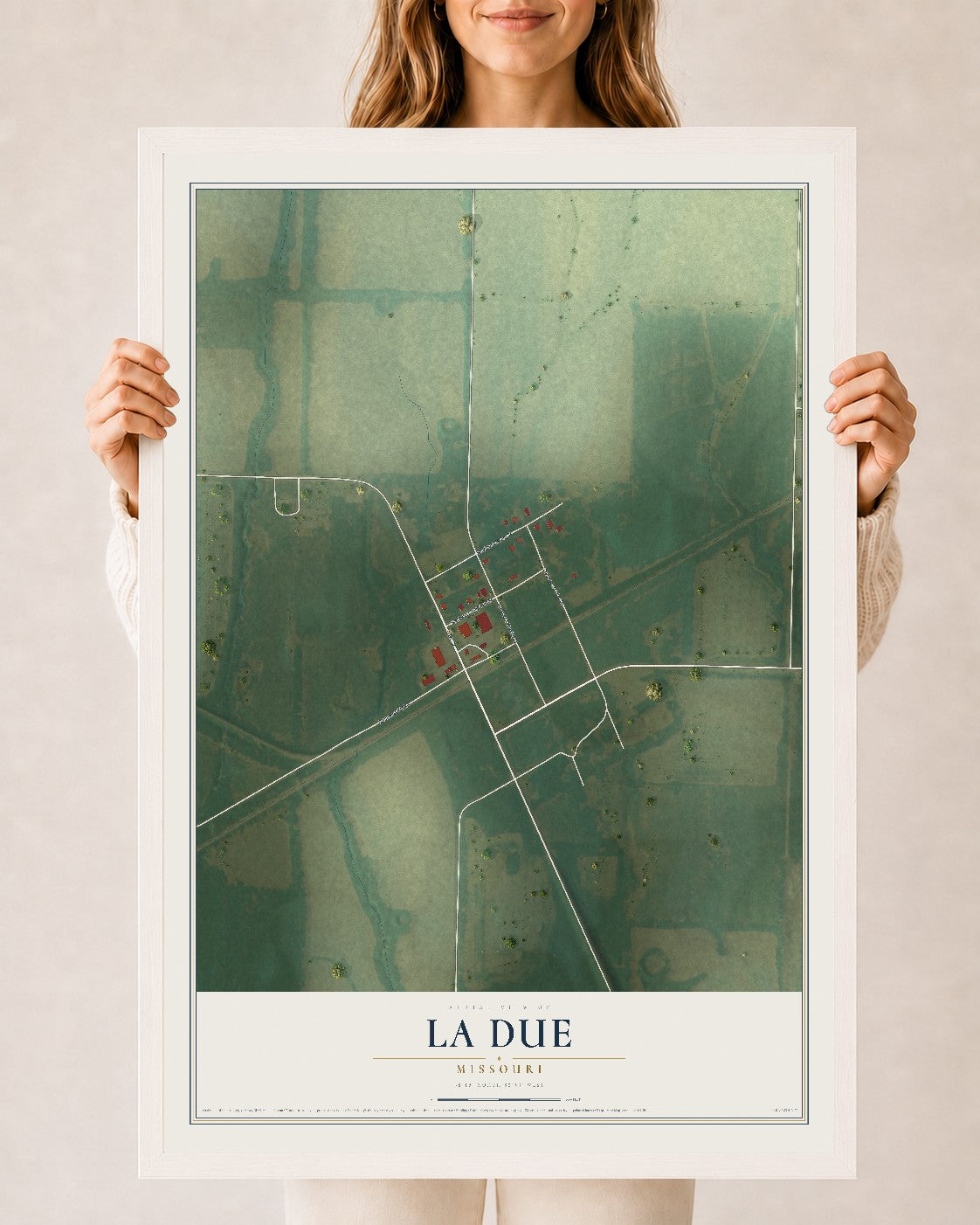 Map of La Due, Missouri, 24 x 36 inch print in a white wood frame