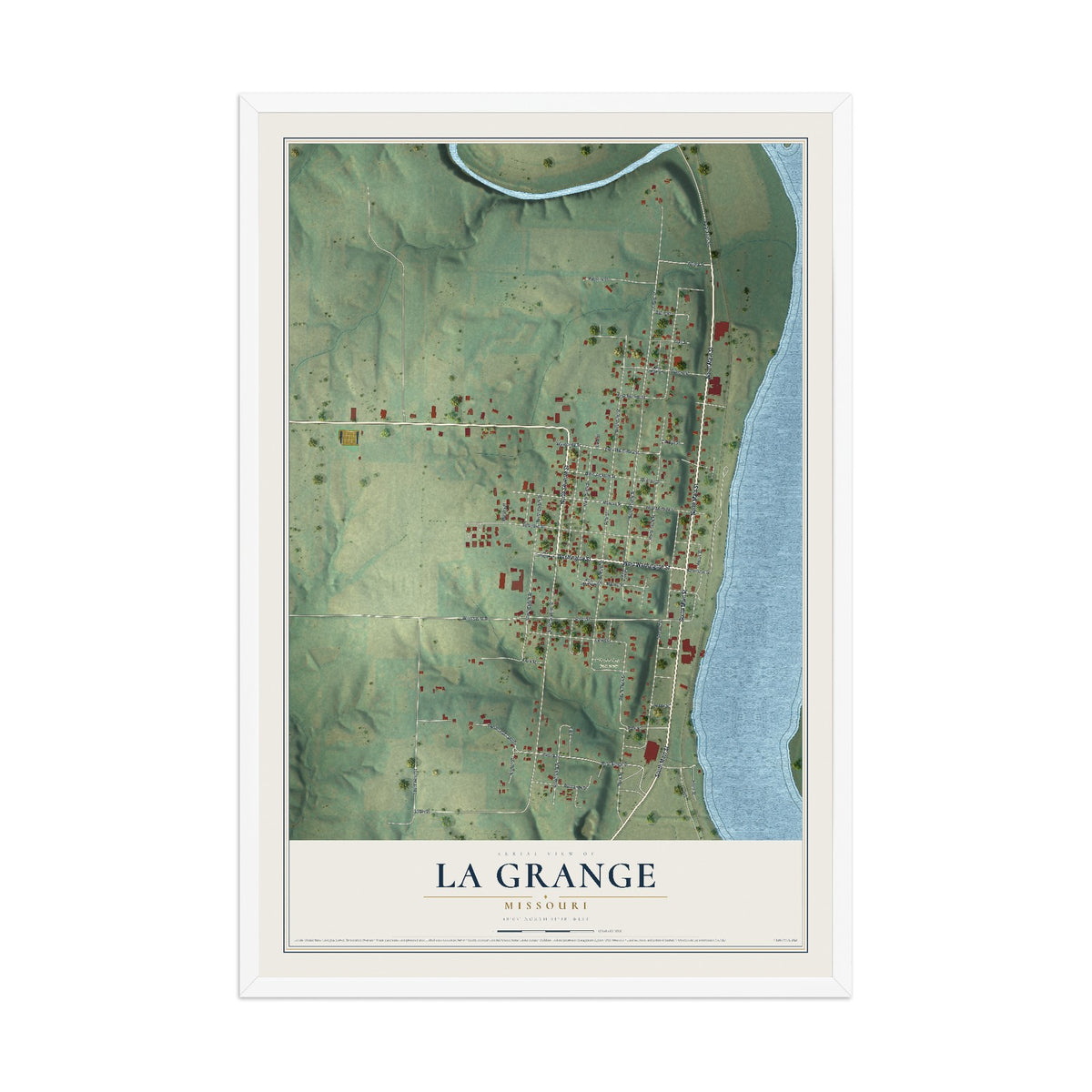 Map of La Grange, Missouri, 12 x 18 inch print in a white wood frame