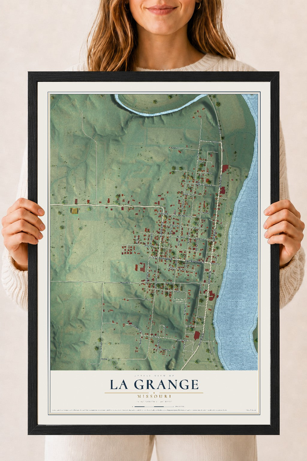 Map of La Grange, Missouri, 18 x 24 inch print in a black wood frame