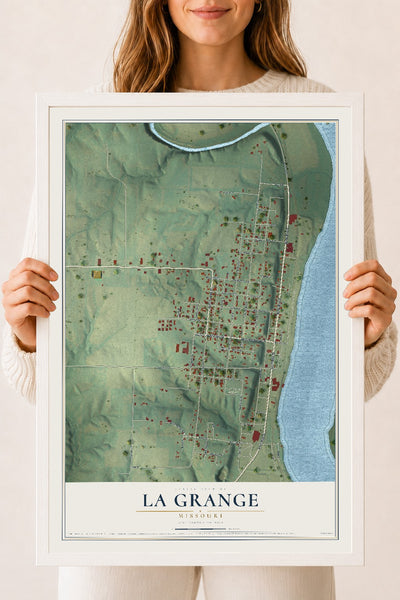 Map of La Grange, Missouri, 18 x 24 inch print in a white wood frame