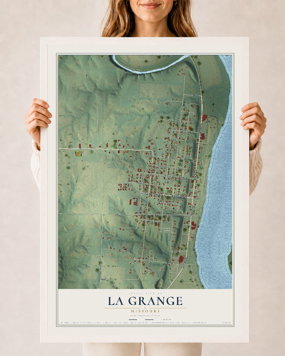Map of La Grange, Missouri, 24 x 36 inch print in a white wood frame